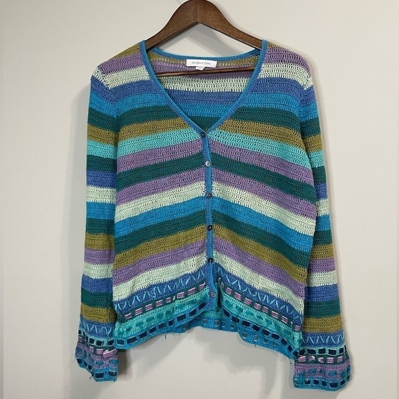 Northern Isles crochet knit cardi sweater striped Blue Medium - Picture 2 of 9